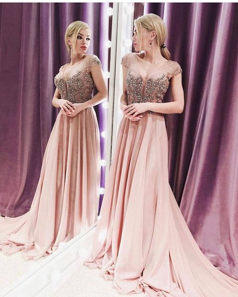 V Neck Sexy Pink Elegant Evening Formal Dresses 2019 Beaded Evening Gowns Evening Wear vestidos robe de soiree Abendkleider